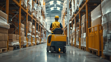 Warehouse worker in hi-vis vest operating a forklift