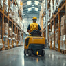 Warehouse worker in hi-vis vest operating a forklift